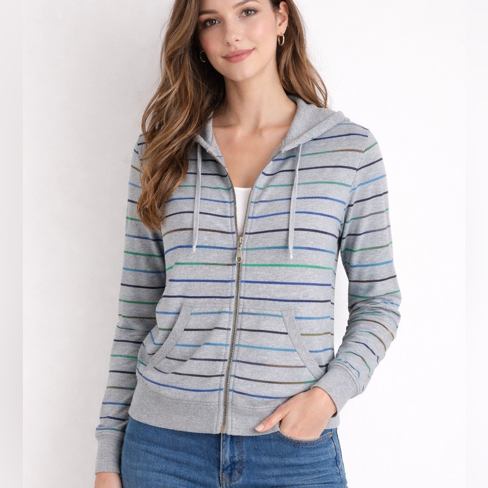 Splendid Gray Zip Front Hooded Striped Jacket L